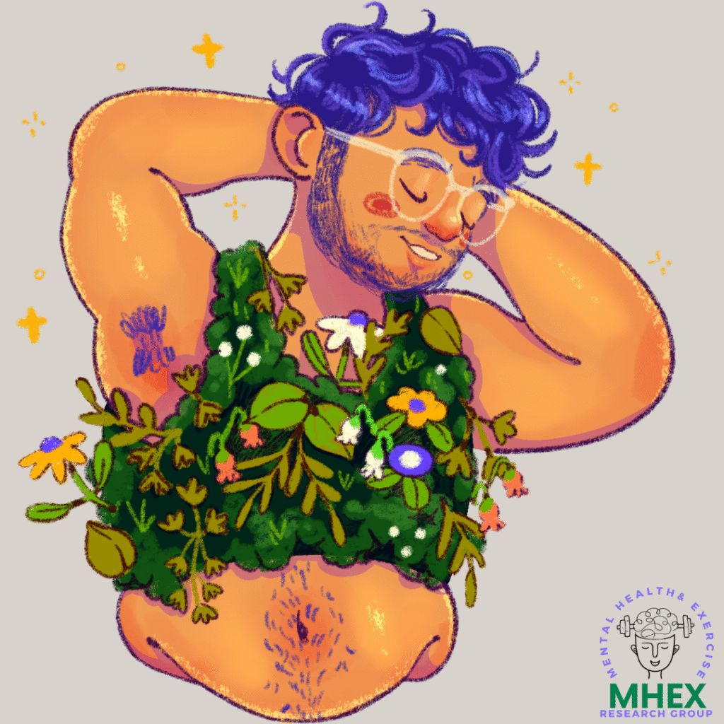 Cartoon of a gender diverse individual with a green and lively chest binder