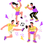 Group of four cartoon figures doing different types of exercise