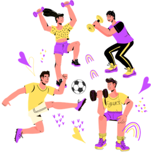 Group of four cartoon figures doing different types of exercise